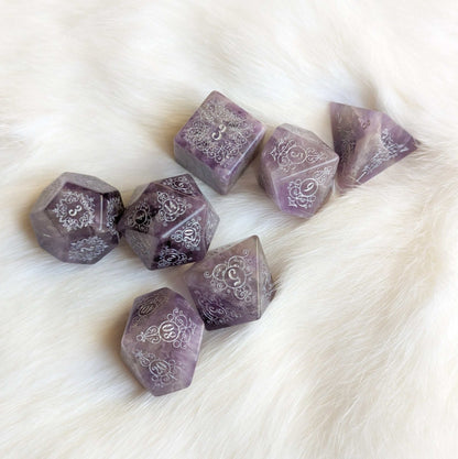 Garden Gate Amethyst Gemstone Dice Set – Engraved Floral Stone Dice | Fennek & Finch - Fennek and Finch