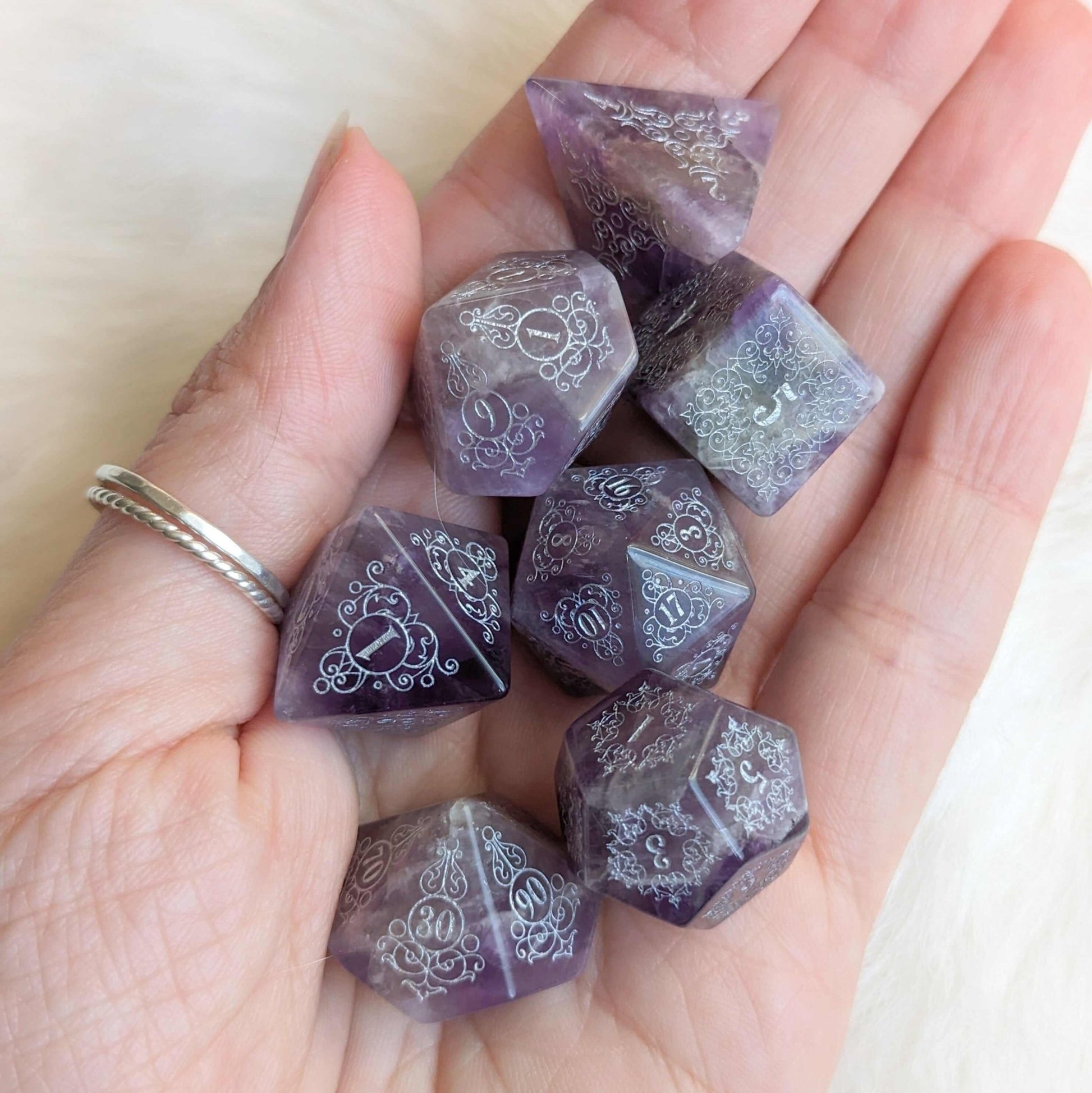 Garden Gate Amethyst Gemstone Dice Set – Engraved Floral Stone Dice | Fennek & Finch - Fennek and Finch