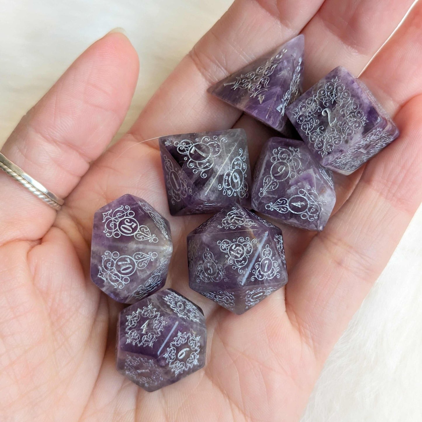Garden Gate Amethyst Gemstone Dice Set – Engraved Floral Stone Dice | Fennek & Finch - Fennek and Finch