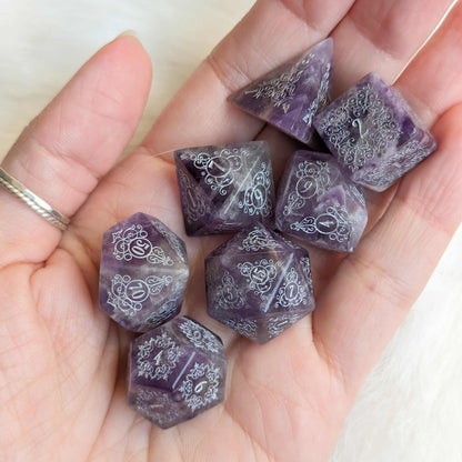 Garden Gate Amethyst Gemstone Dice Set – Engraved Floral Stone Dice | Fennek & Finch - Fennek and Finch