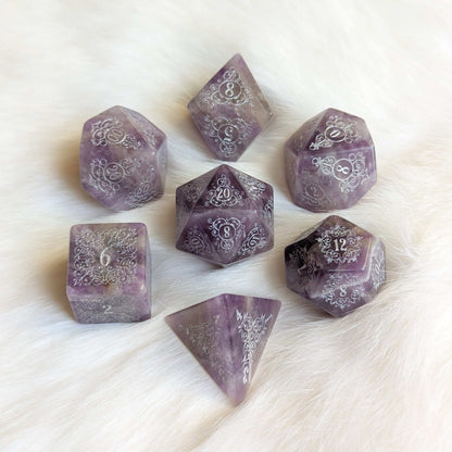Garden Gate Amethyst Gemstone Dice Set – Engraved Floral Stone Dice | Fennek & Finch - Fennek and Finch