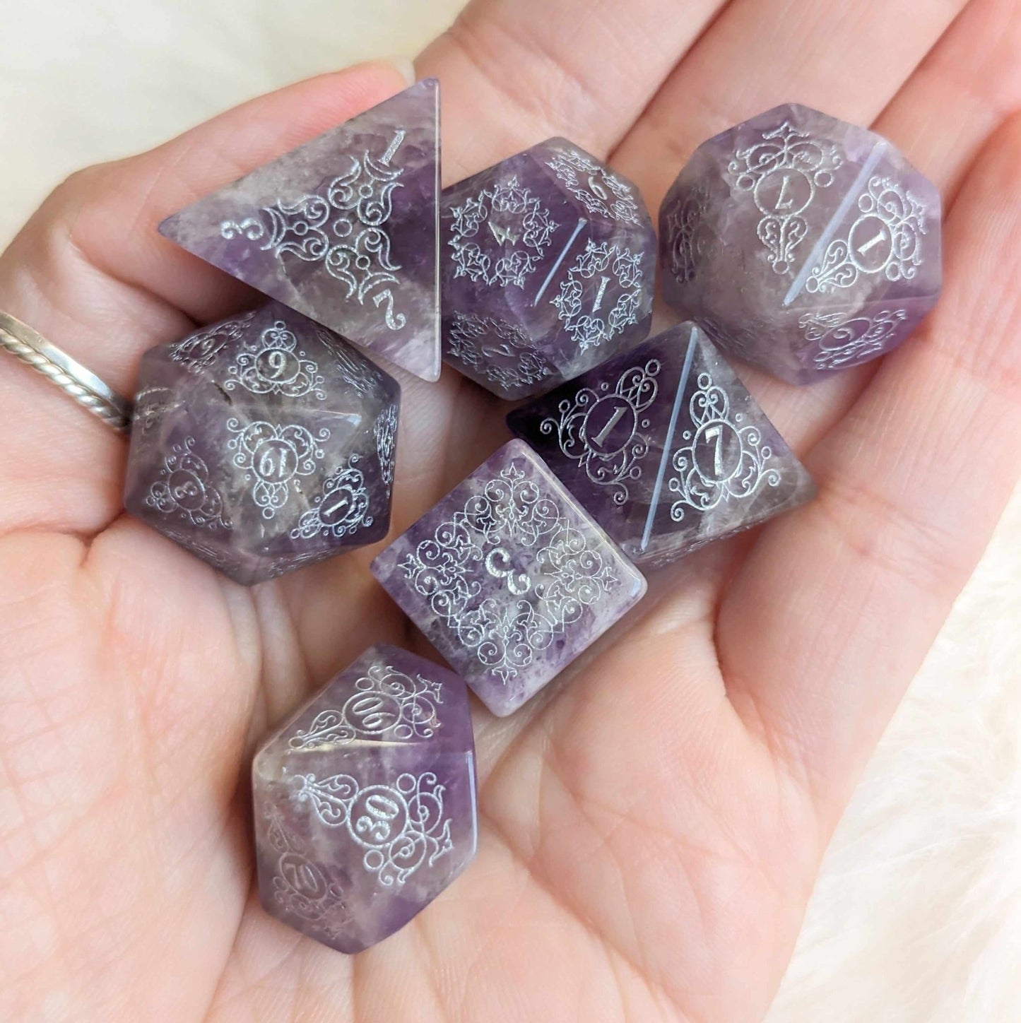 Garden Gate Amethyst Gemstone Dice Set – Engraved Floral Stone Dice | Fennek & Finch - Fennek and Finch