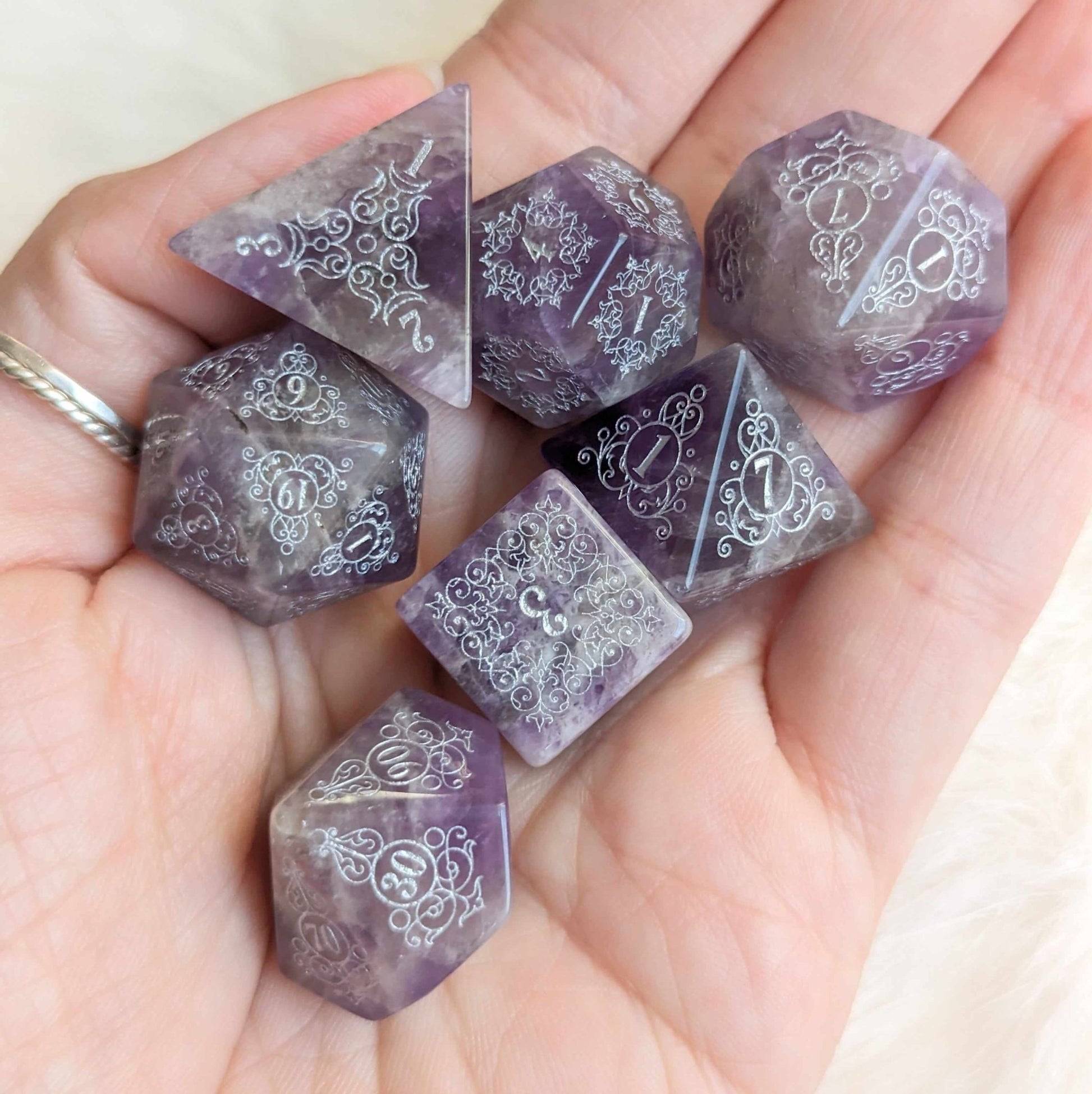Garden Gate Amethyst Gemstone Dice Set – Engraved Floral Stone Dice | Fennek & Finch - Fennek and Finch