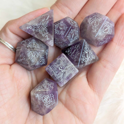 Garden Gate Amethyst Gemstone Dice Set – Engraved Floral Stone Dice | Fennek & Finch - Fennek and Finch
