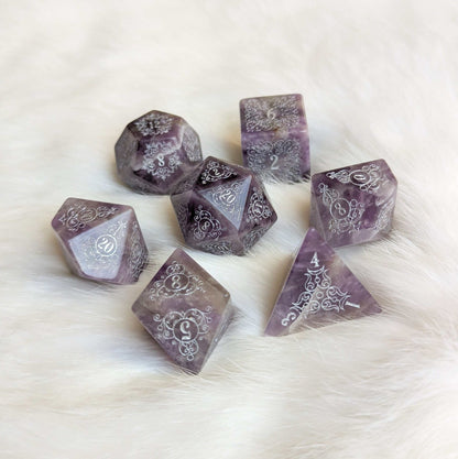 Garden Gate Amethyst Gemstone Dice Set – Engraved Floral Stone Dice | Fennek & Finch - Fennek and Finch