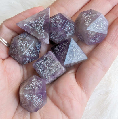Garden Gate Amethyst Gemstone Dice Set – Engraved Floral Stone Dice | Fennek & Finch - Fennek and Finch