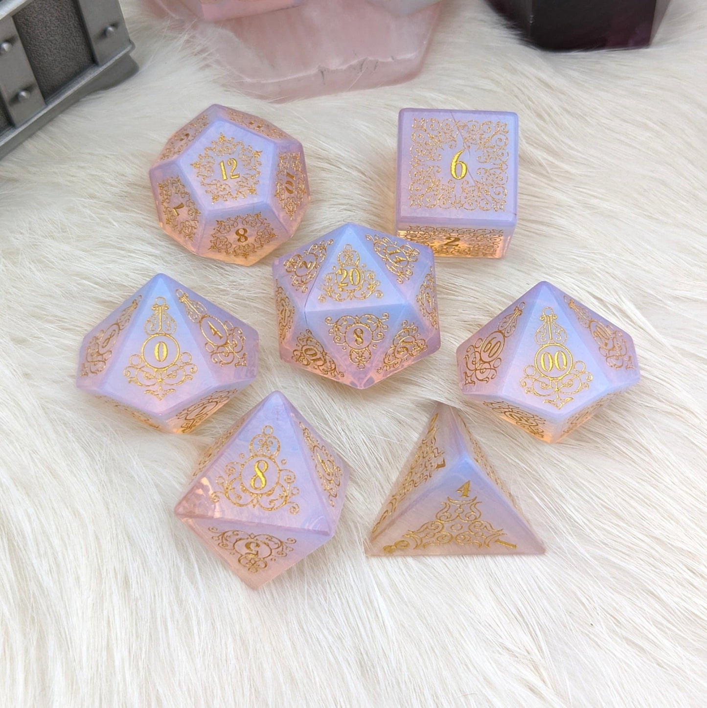 Garden Gate Glowing Pink Opalite Dice Set – Engraved Gemstone DnD Dice | Fennek & Finch - Fennek and Finch