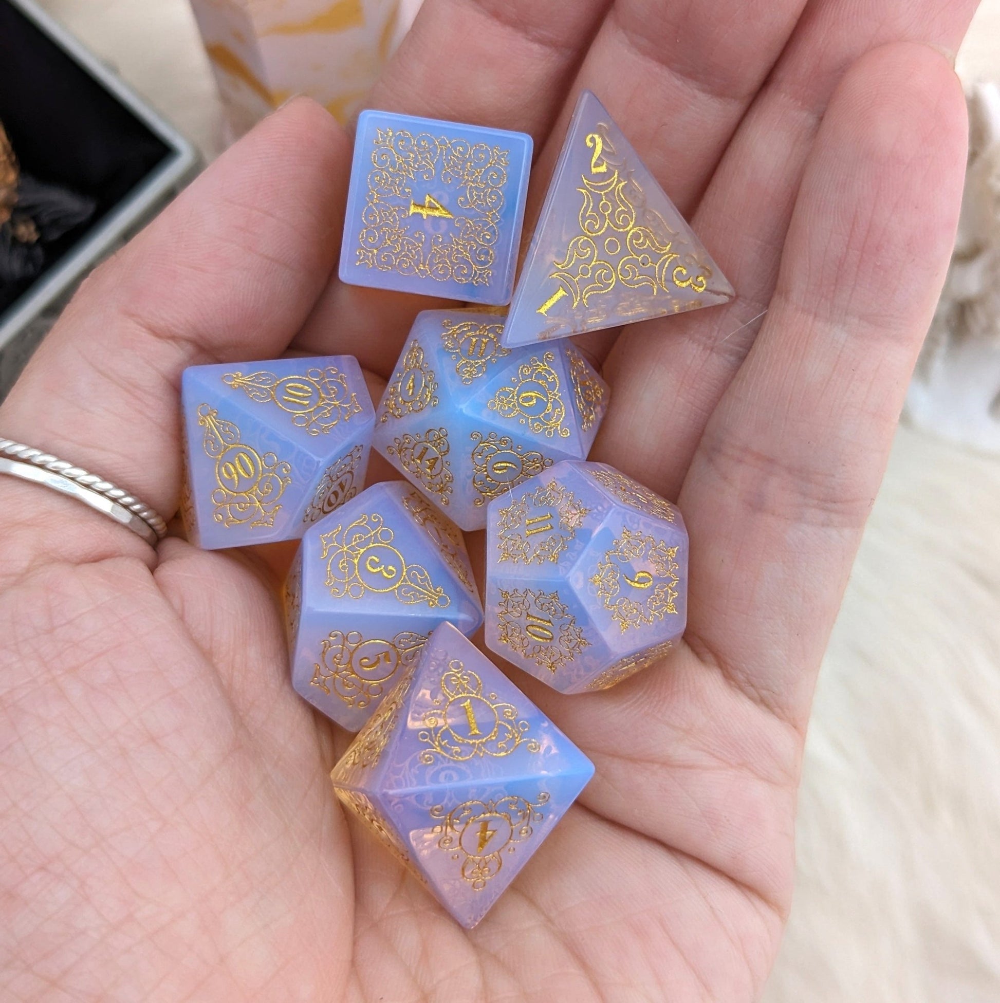Garden Gate Glowing Pink Opalite Dice Set – Engraved Gemstone DnD Dice | Fennek & Finch - Fennek and Finch