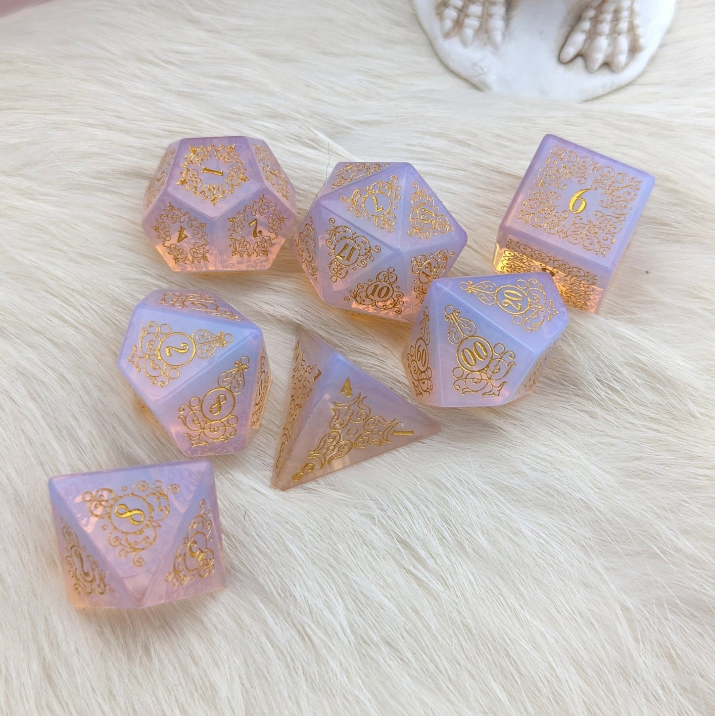 Garden Gate Glowing Pink Opalite Dice Set – Engraved Gemstone DnD Dice | Fennek & Finch - Fennek and Finch