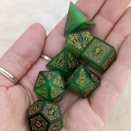 Garden Gate Green Cats Eye Gemstone Dice Set. Dice Sets & Games Fennek and Finch