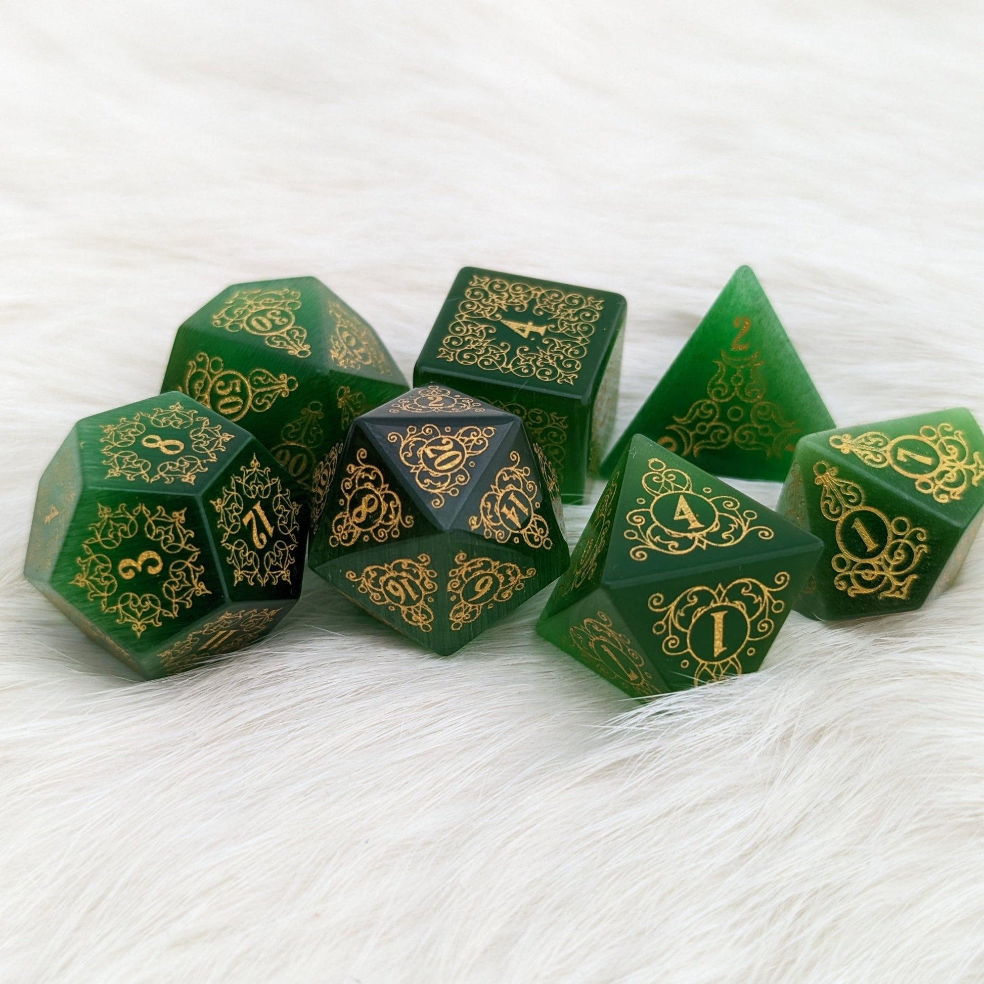 Garden Gate Green Cats Eye Gemstone Dice Set. Dice Sets & Games Fennek and Finch