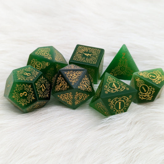 Garden Gate Green Cats Eye Gemstone Dice Set. - Fennek and Finch
