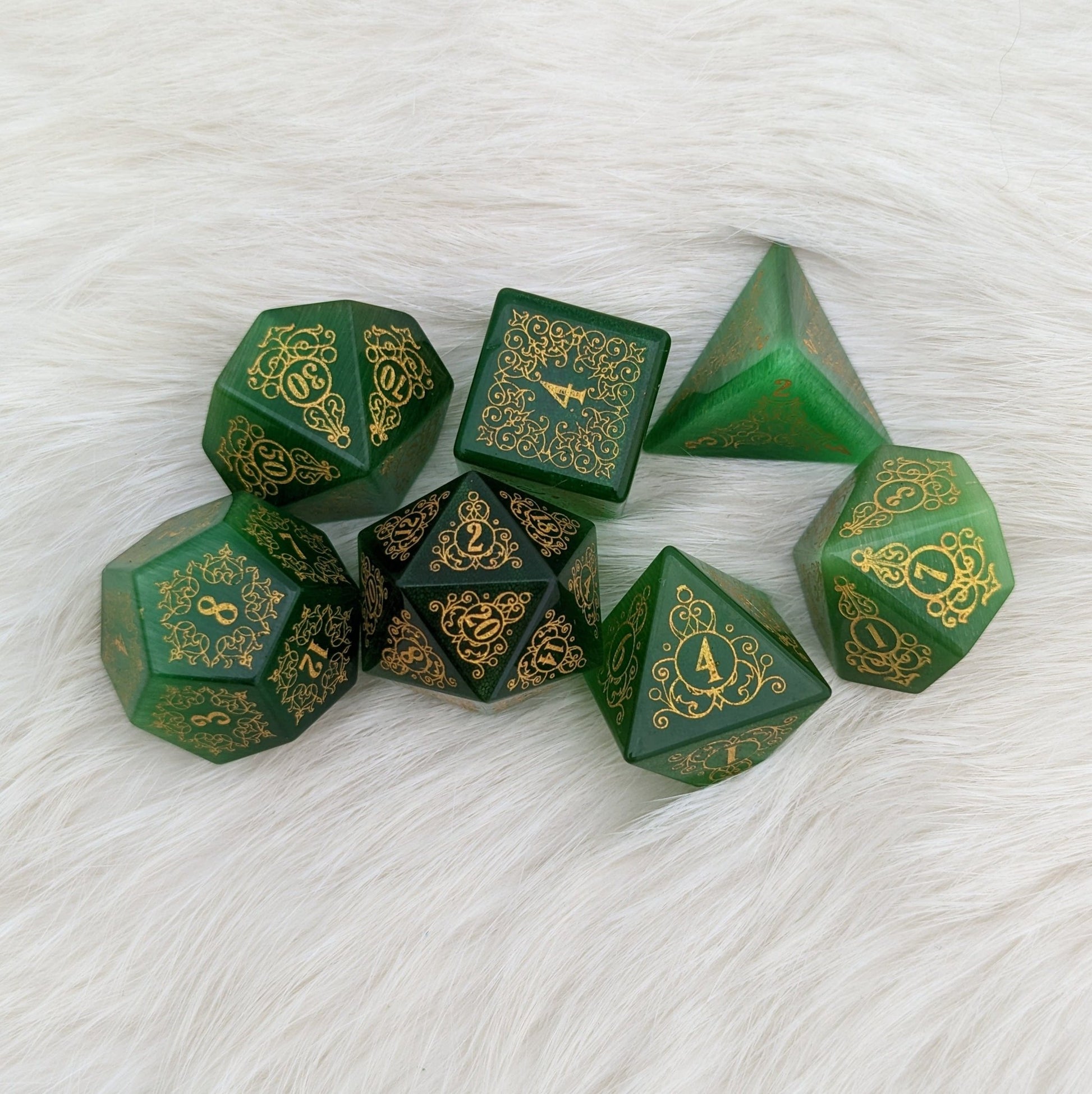 Garden Gate Green Cats Eye Gemstone Dice Set. Dice Sets & Games Fennek and Finch