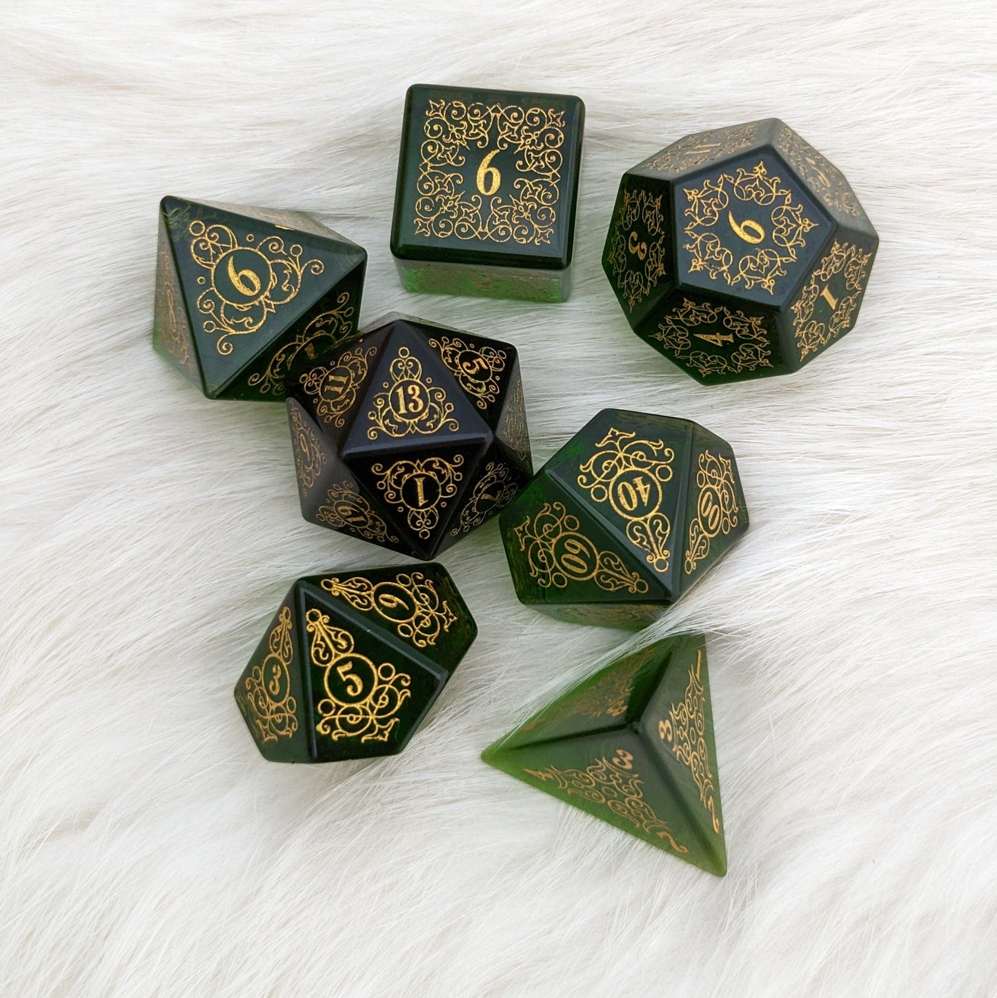 Garden Gate Green Glass Gemstone Dice Set.