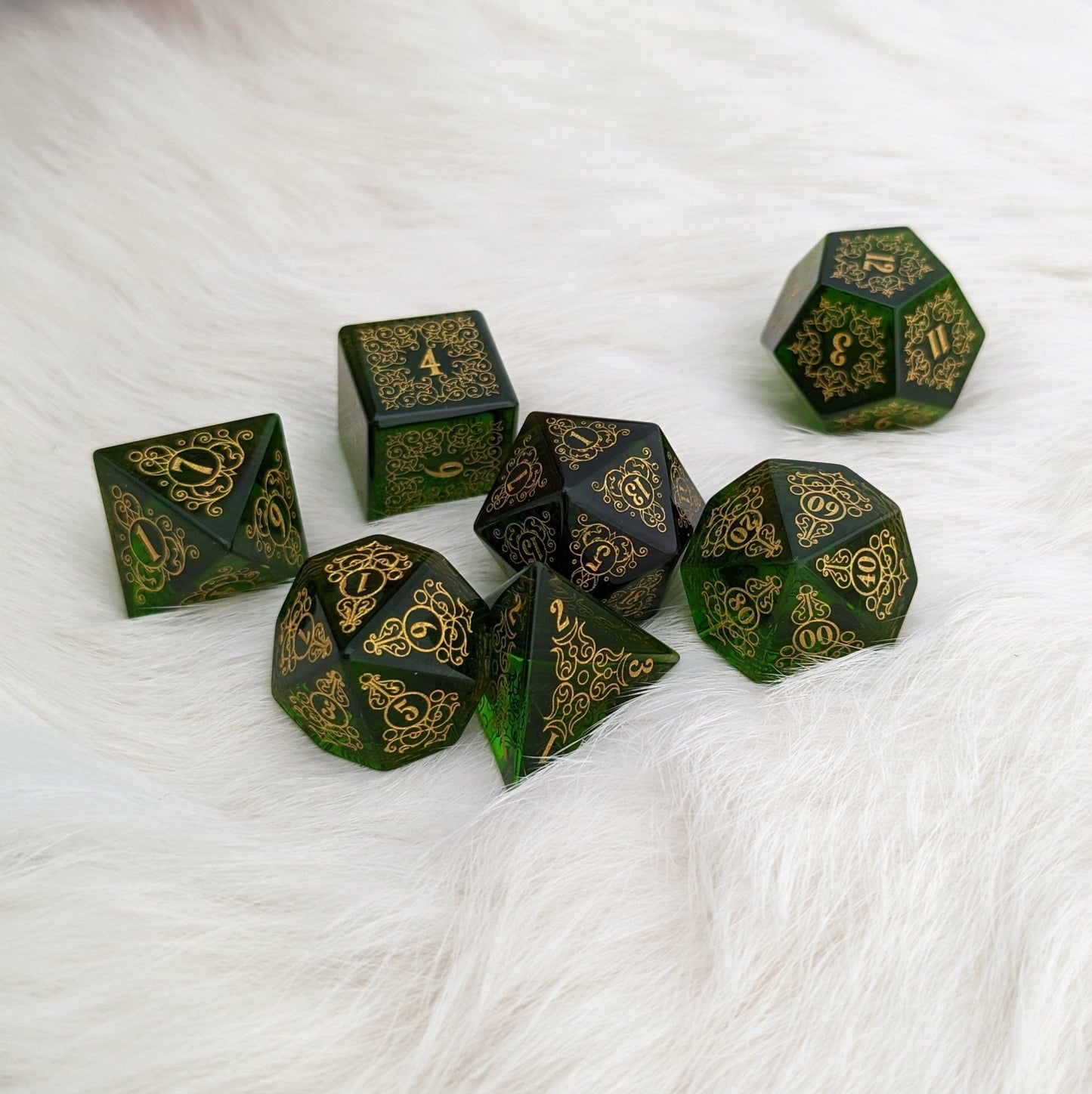 Garden Gate Green Glass Gemstone Dice Set – 7 - Piece DnD Dice | Fennek & Finch - Fennek and Finch