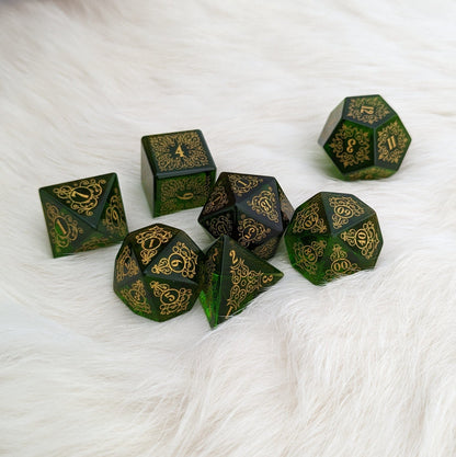 Garden Gate Green Glass Gemstone Dice Set – 7 - Piece DnD Dice | Fennek & Finch - Fennek and Finch