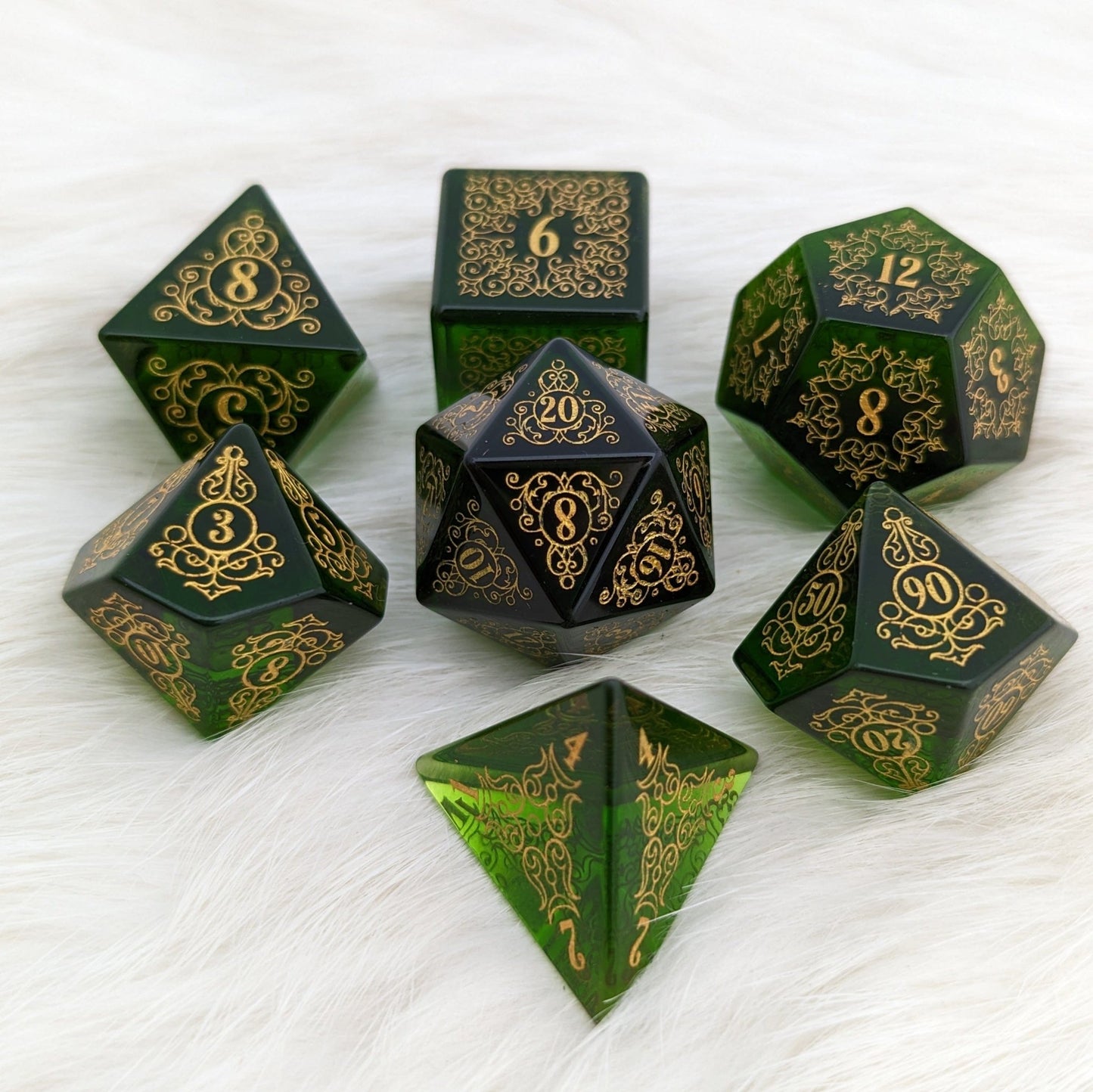 Garden Gate Green Glass Gemstone Dice Set – 7 - Piece DnD Dice | Fennek & Finch - Fennek and Finch