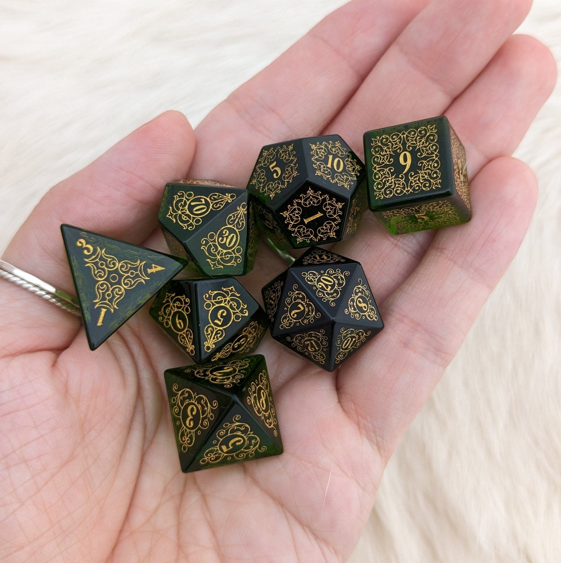 Garden Gate Green Glass Gemstone Dice Set – 7 - Piece DnD Dice | Fennek & Finch - Fennek and Finch