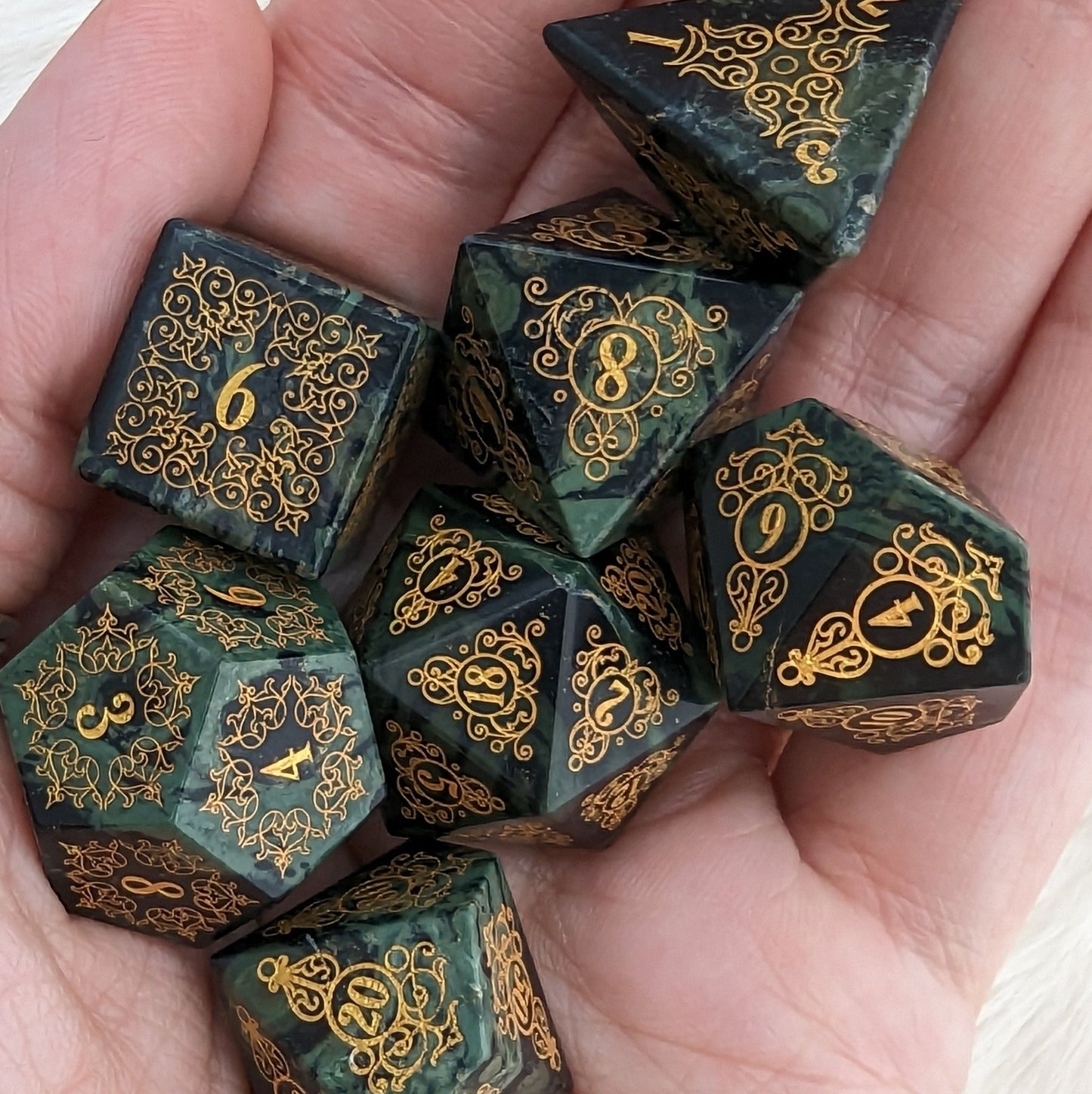 Garden Gate Jasper Gemstone Dice Set – 7 - Piece DnD Dice | Fennek & Finch - Fennek and Finch
