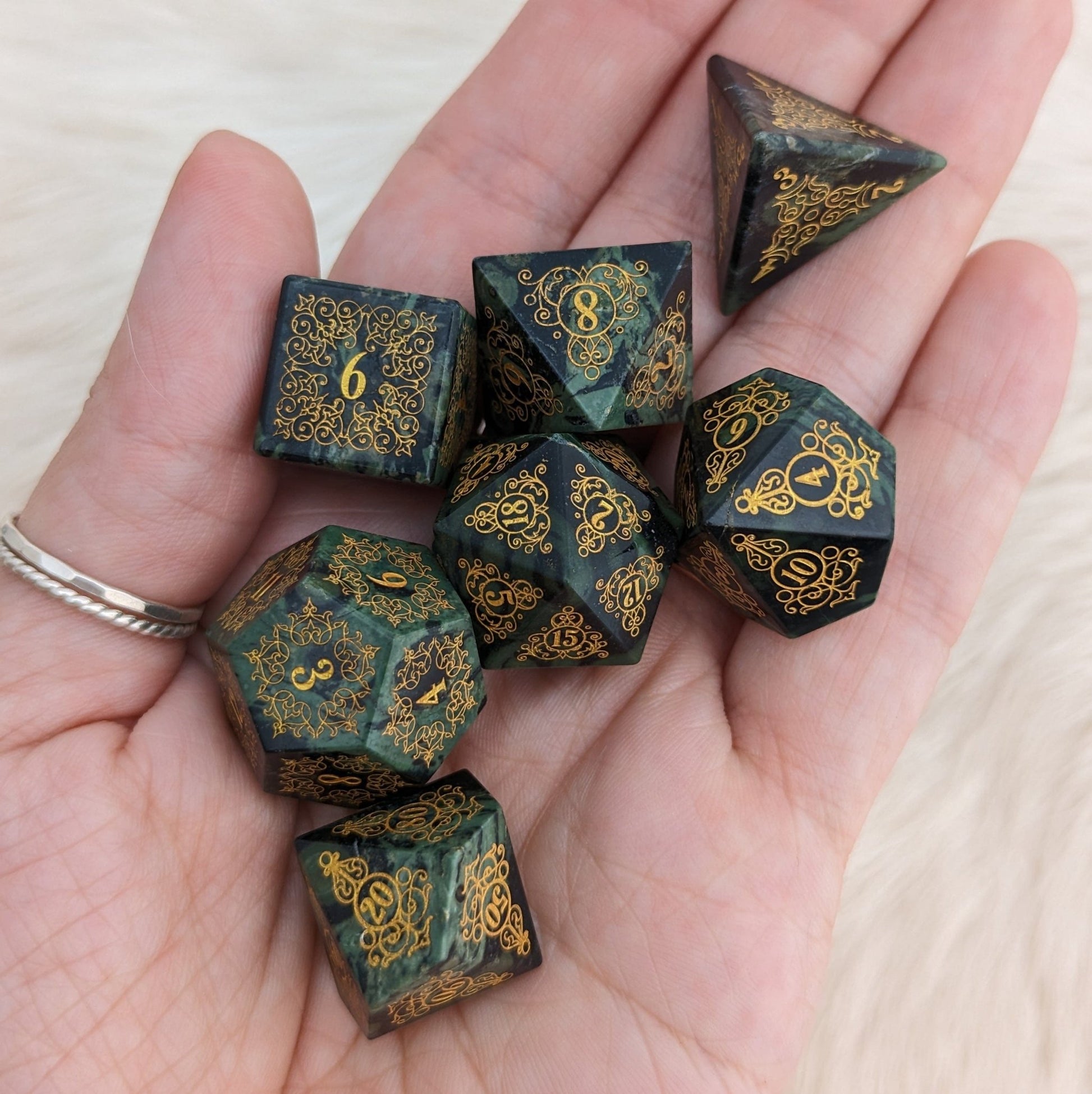 Garden Gate Jasper Gemstone Dice Set – 7 - Piece DnD Dice | Fennek & Finch - Fennek and Finch