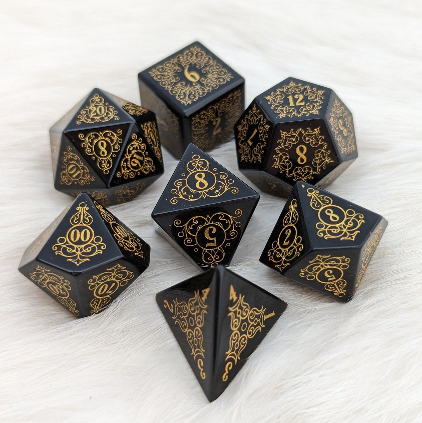 Garden Gate Obsidian Gemstone Dice Set – 7 - Piece DnD Dice | Fennek & Finch - Fennek and Finch