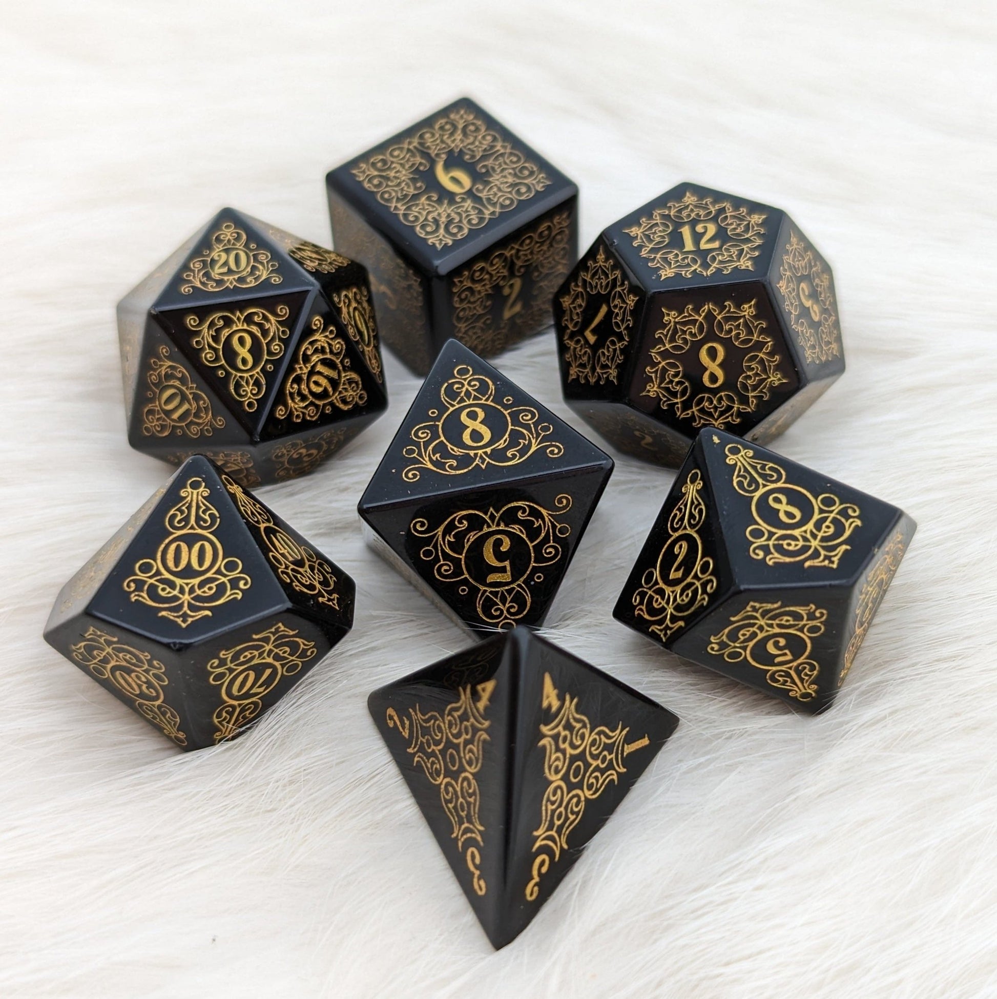 Garden Gate Obsidian Gemstone Dice Set – 7 - Piece DnD Dice | Fennek & Finch - Fennek and Finch