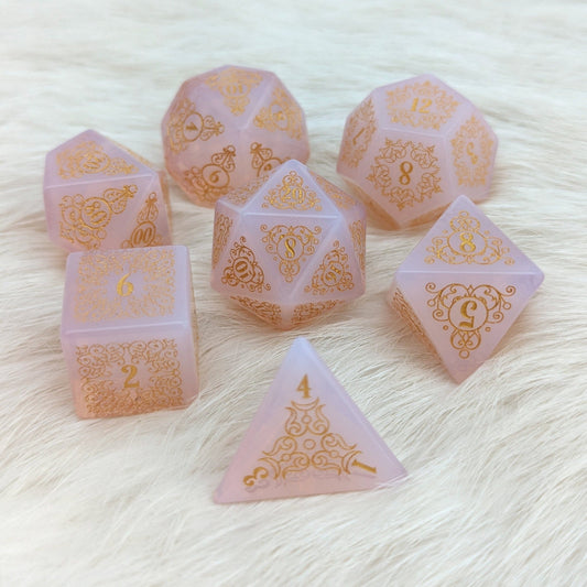 Garden Gate Pink Opalite Gemstone Dice Set – 7 - Piece DnD Dice | Fennek & Finch - Fennek and Finch