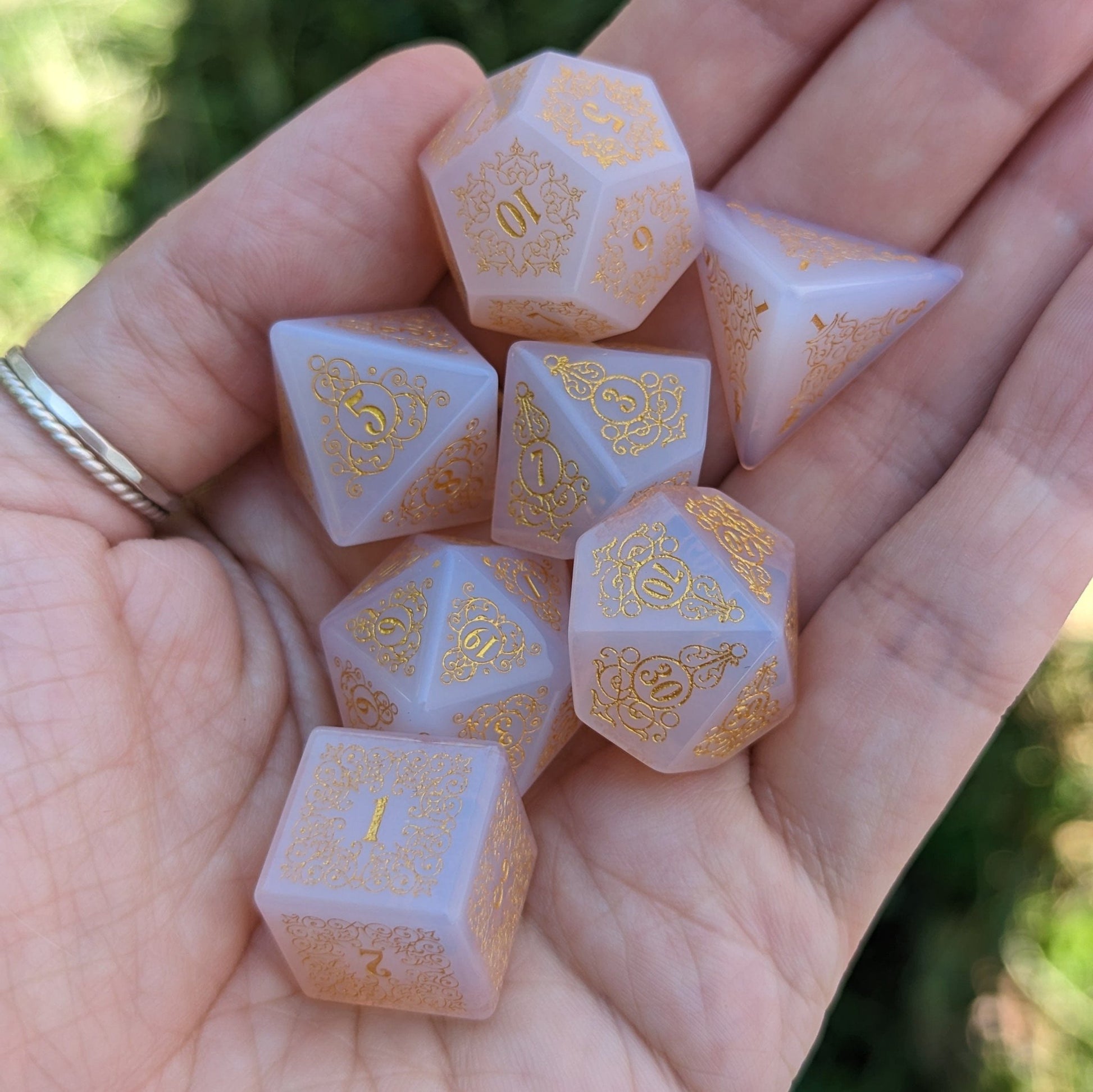 Garden Gate Pink Opalite Gemstone Dice Set – 7-Piece DnD Dice | Fennek & Finch Dice Sets & Games Fennek and Finch