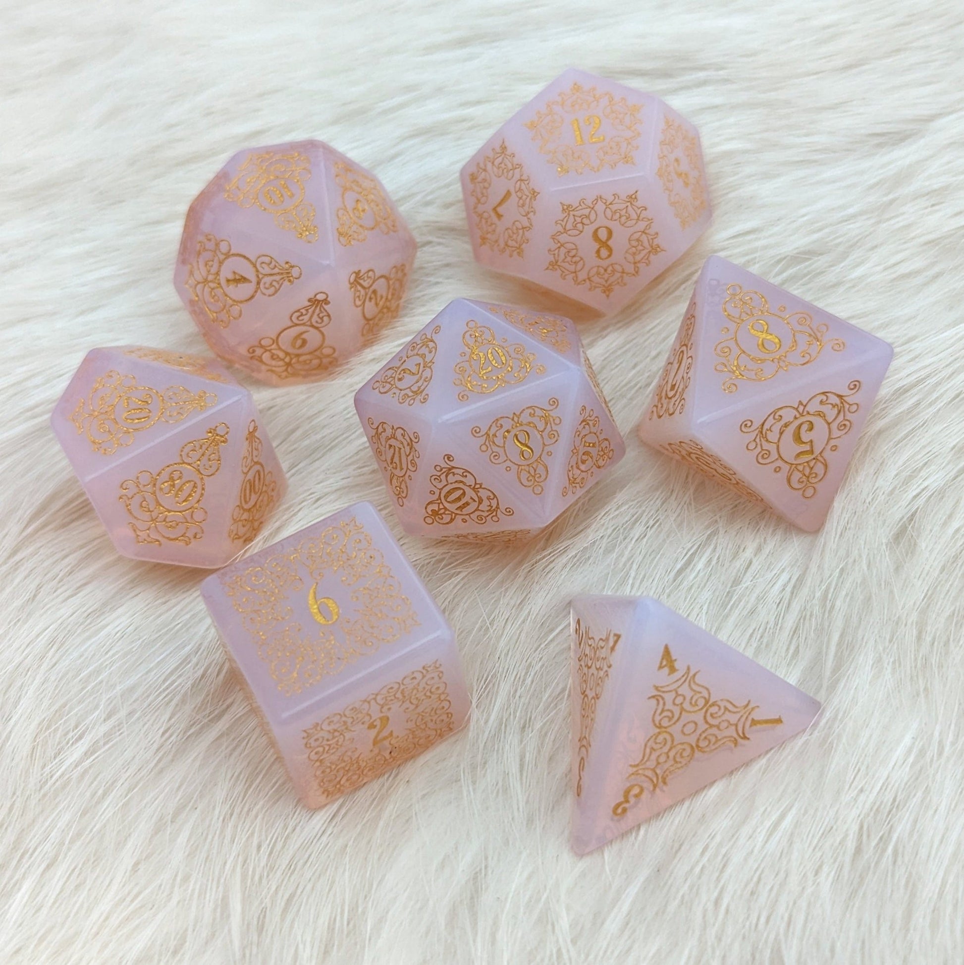 Garden Gate Pink Opalite Gemstone Dice Set – 7-Piece DnD Dice | Fennek & Finch Dice Sets & Games Fennek and Finch