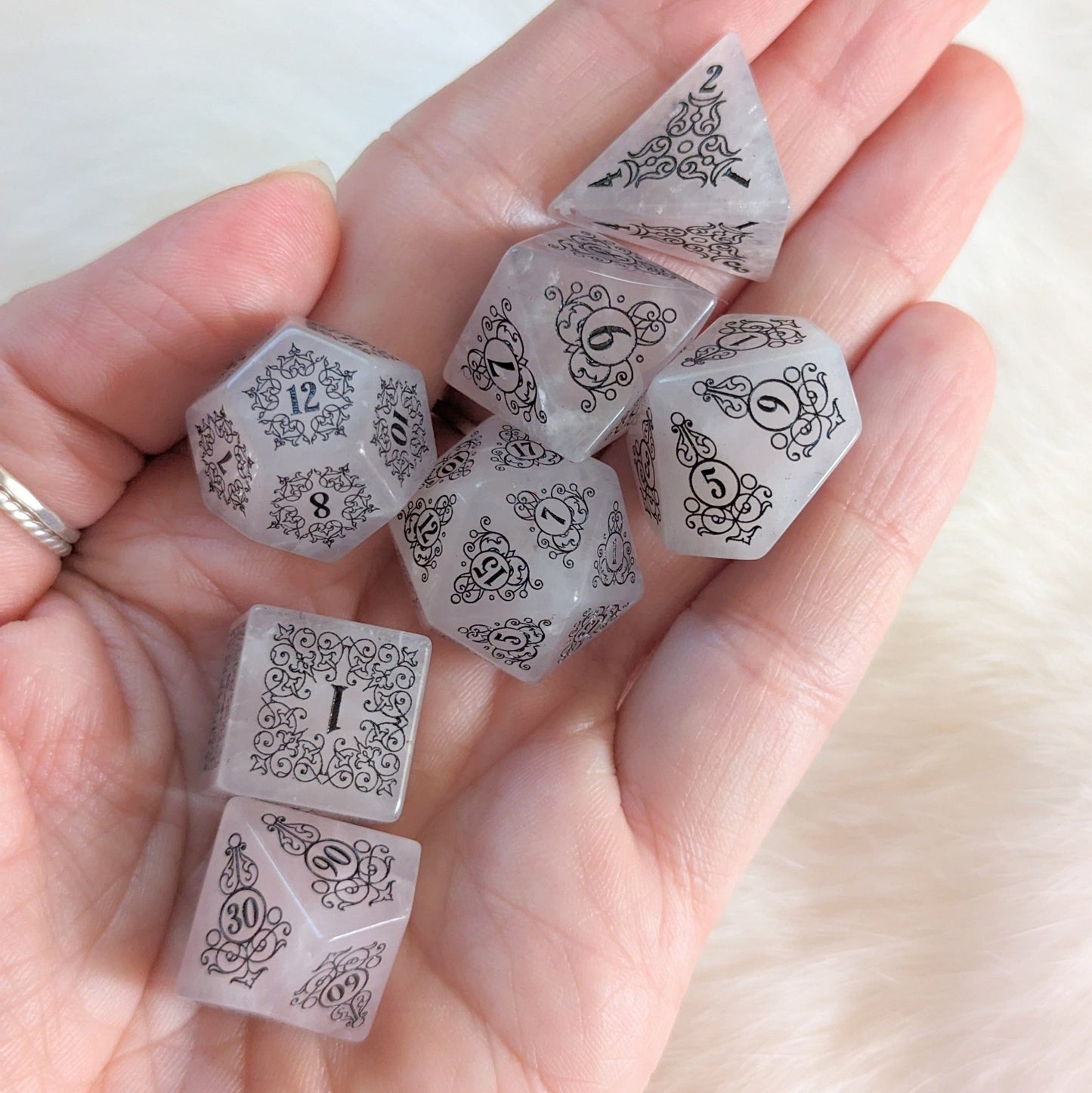Garden Gate Rose Quartz Gemstone Dice Set – 7 - Piece DnD Dice | Fennek & Finch - Fennek and Finch