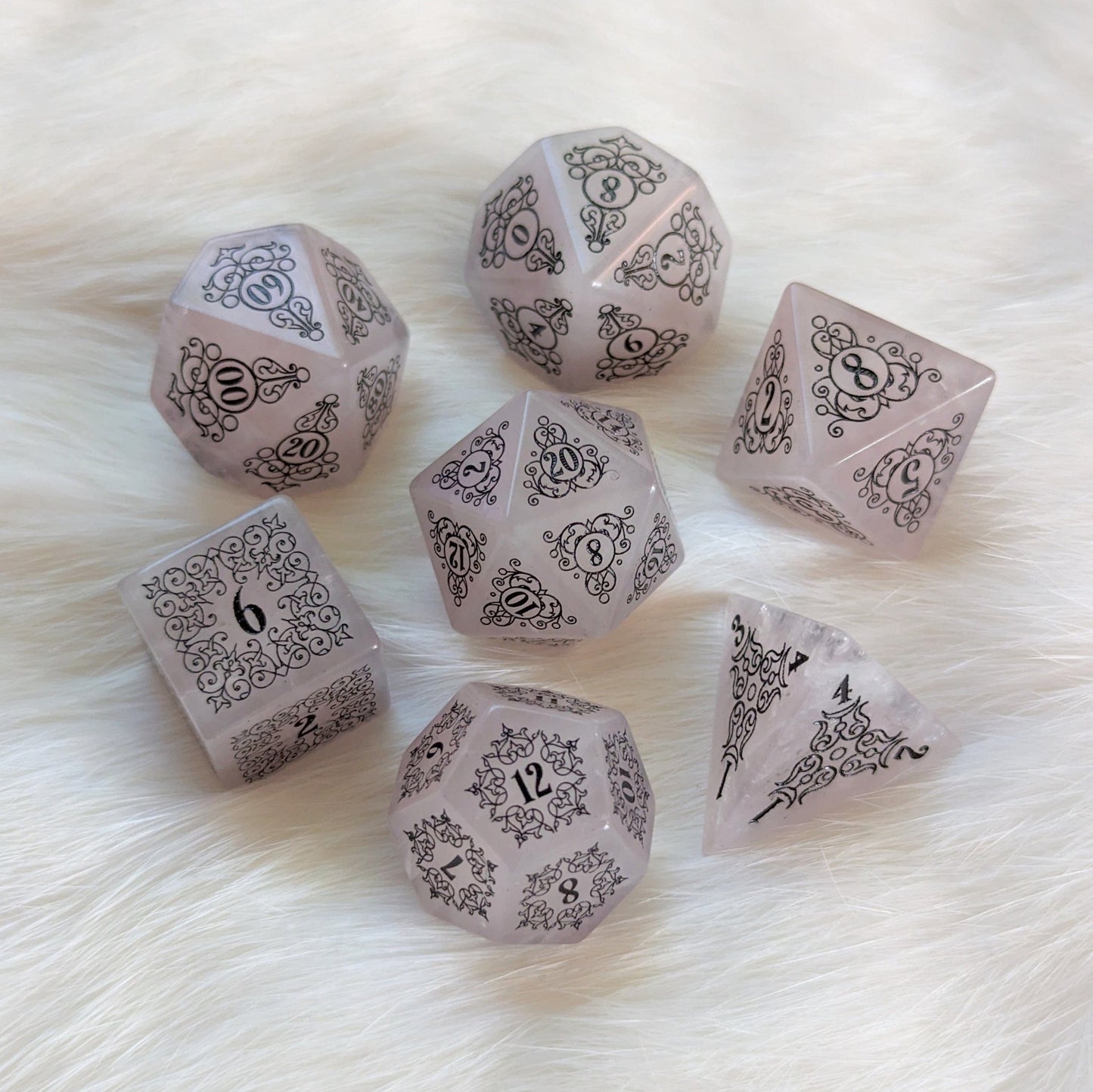 Garden Gate Rose Quartz Gemstone Dice Set – 7 - Piece DnD Dice | Fennek & Finch - Fennek and Finch