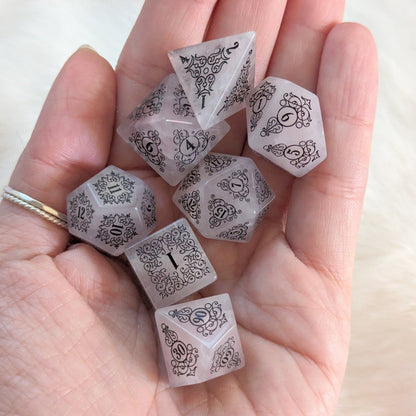 Garden Gate Rose Quartz Gemstone Dice Set – 7 - Piece DnD Dice | Fennek & Finch - Fennek and Finch