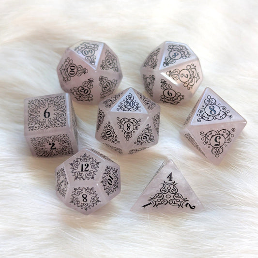 Garden Gate Rose Quartz Gemstone Dice Set – 7 - Piece DnD Dice | Fennek & Finch - Fennek and Finch