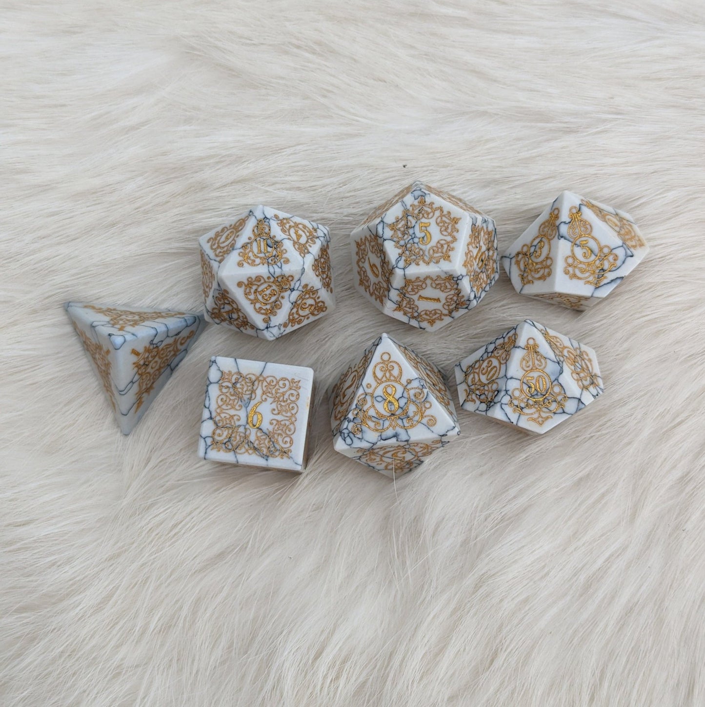 Garden Gate White Howlite Gemstone Dice Set – 7-Piece DnD Dice | Fennek & Finch Dice Sets & Games Fennek and Finch