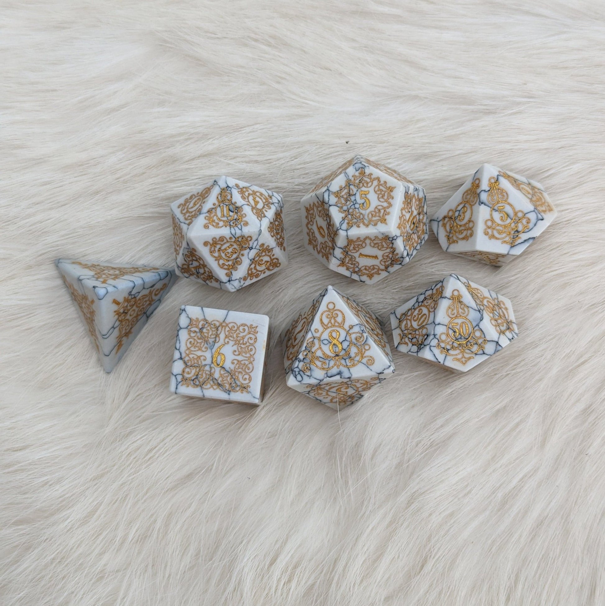 Garden Gate White Howlite Gemstone Dice Set – 7-Piece DnD Dice | Fennek & Finch Dice Sets & Games Fennek and Finch