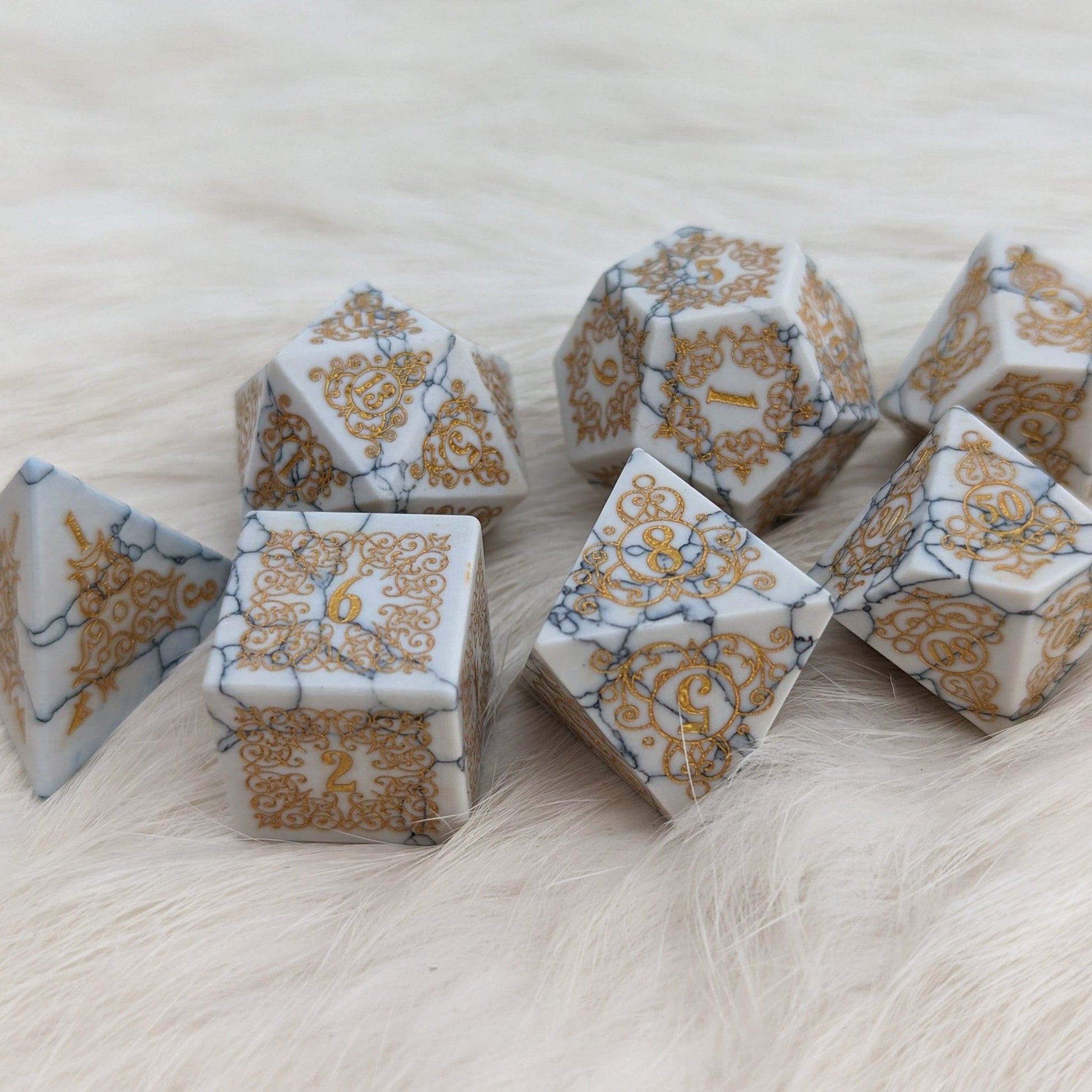 Garden Gate White Howlite Gemstone Dice Set – 7-Piece DnD Dice | Fennek & Finch Dice Sets & Games Fennek and Finch