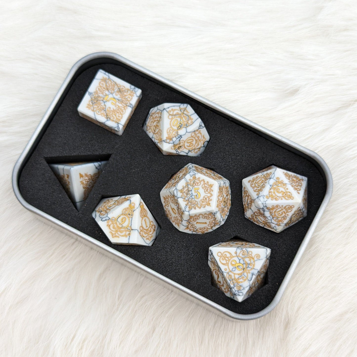 Garden Gate White Howlite Gemstone Dice Set – 7-Piece DnD Dice | Fennek & Finch Dice Sets & Games Fennek and Finch