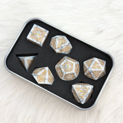 Garden Gate White Howlite Gemstone Dice Set – 7-Piece DnD Dice | Fennek & Finch Dice Sets & Games Fennek and Finch