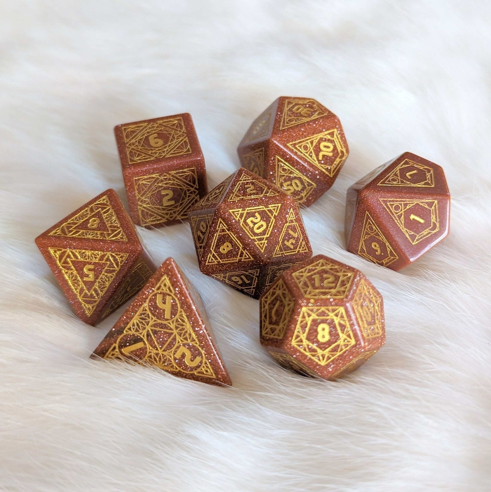 Geometric Goldstone Dice Set – Carved Gemstone DnD Dice | Fennek & Finch - Fennek and Finch