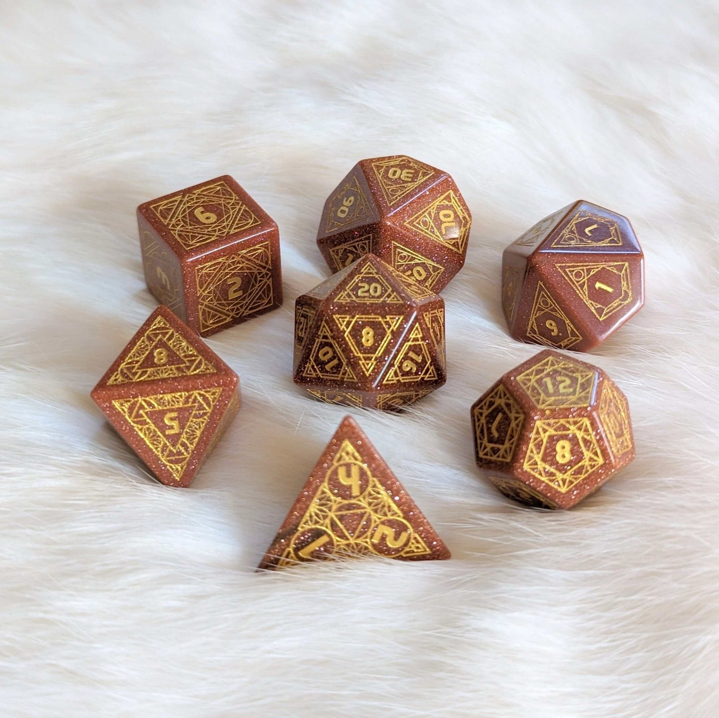 Geometric Goldstone Dice Set – Carved Gemstone DnD Dice | Fennek & Finch - Fennek and Finch