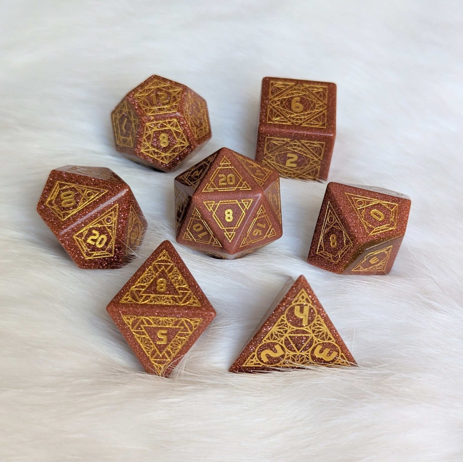 Geometric Goldstone Dice Set – Carved Gemstone DnD Dice | Fennek & Finch - Fennek and Finch