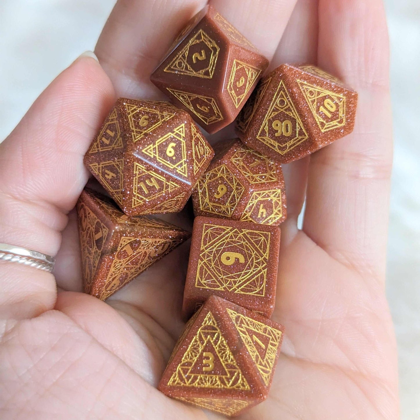 Geometric Goldstone Dice Set – Carved Gemstone DnD Dice | Fennek & Finch - Fennek and Finch