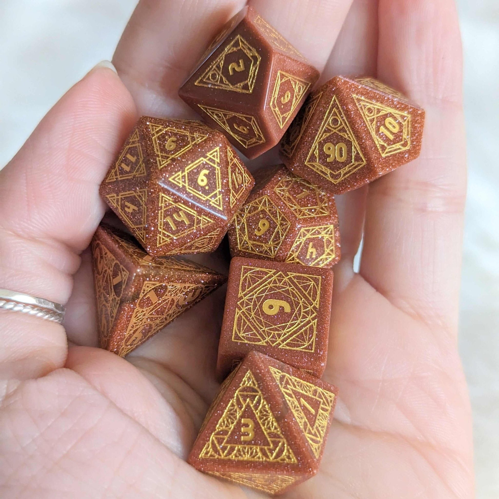 Geometric Goldstone Dice Set – Carved Gemstone DnD Dice | Fennek & Finch - Fennek and Finch