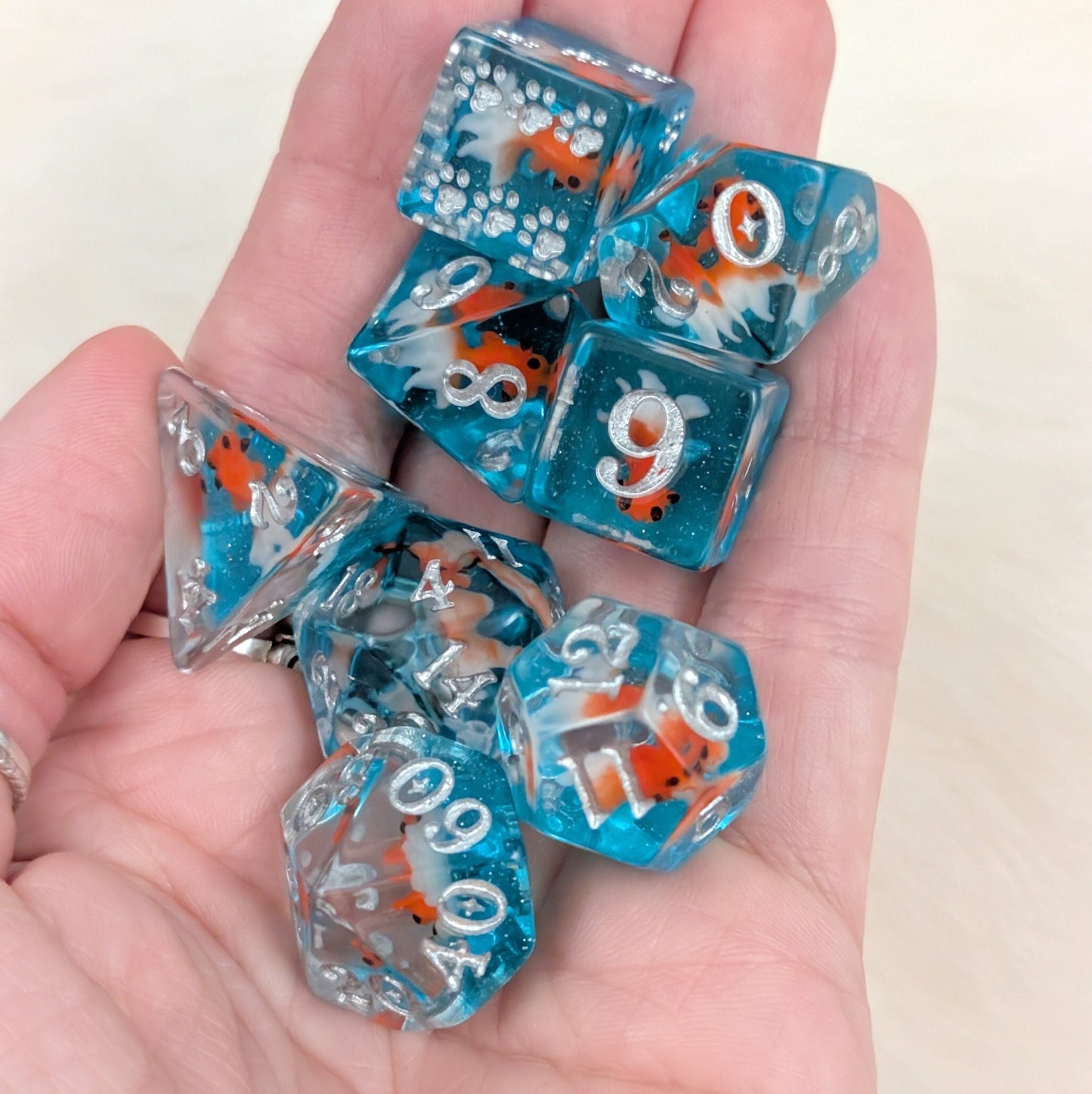 Goldfish Resin Dice Set – 8pc Animal Dice with Paw D6 - Fennek and Finch