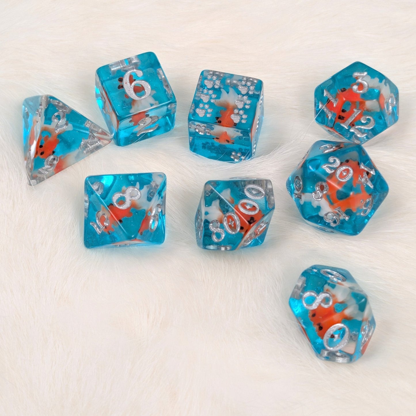 Goldfish Resin Dice Set – 8pc Animal Dice with Paw D6 - Fennek and Finch