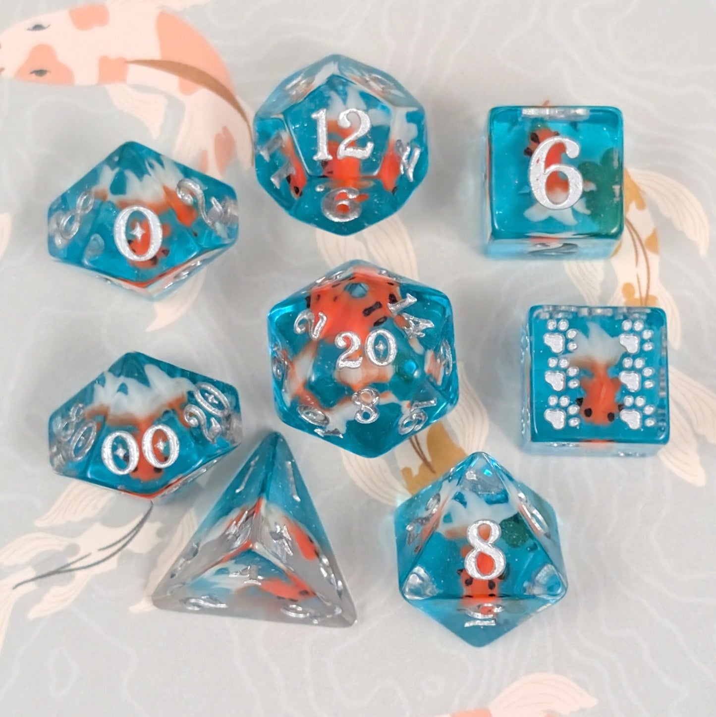 Goldfish Resin Dice Set – 8pc Animal Dice with Paw D6 - Fennek and Finch
