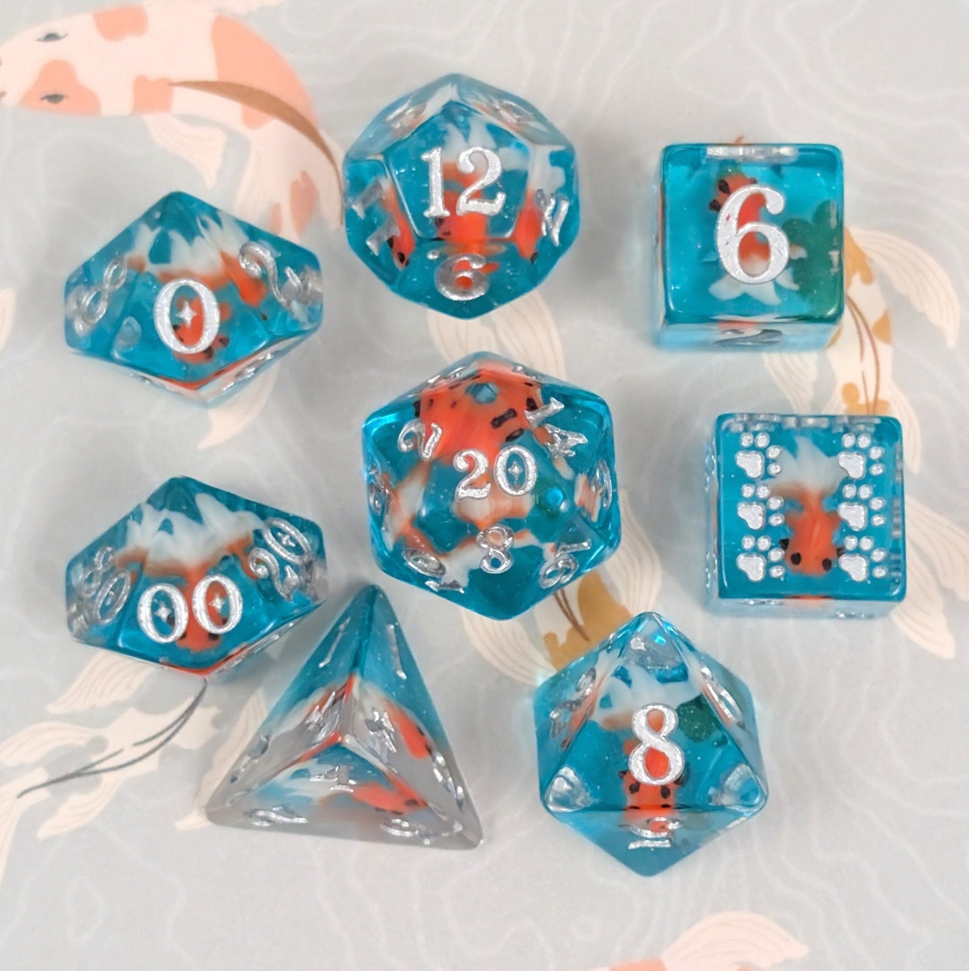 Goldfish Resin Dice Set – 8pc Animal Dice with Paw D6 - Fennek and Finch