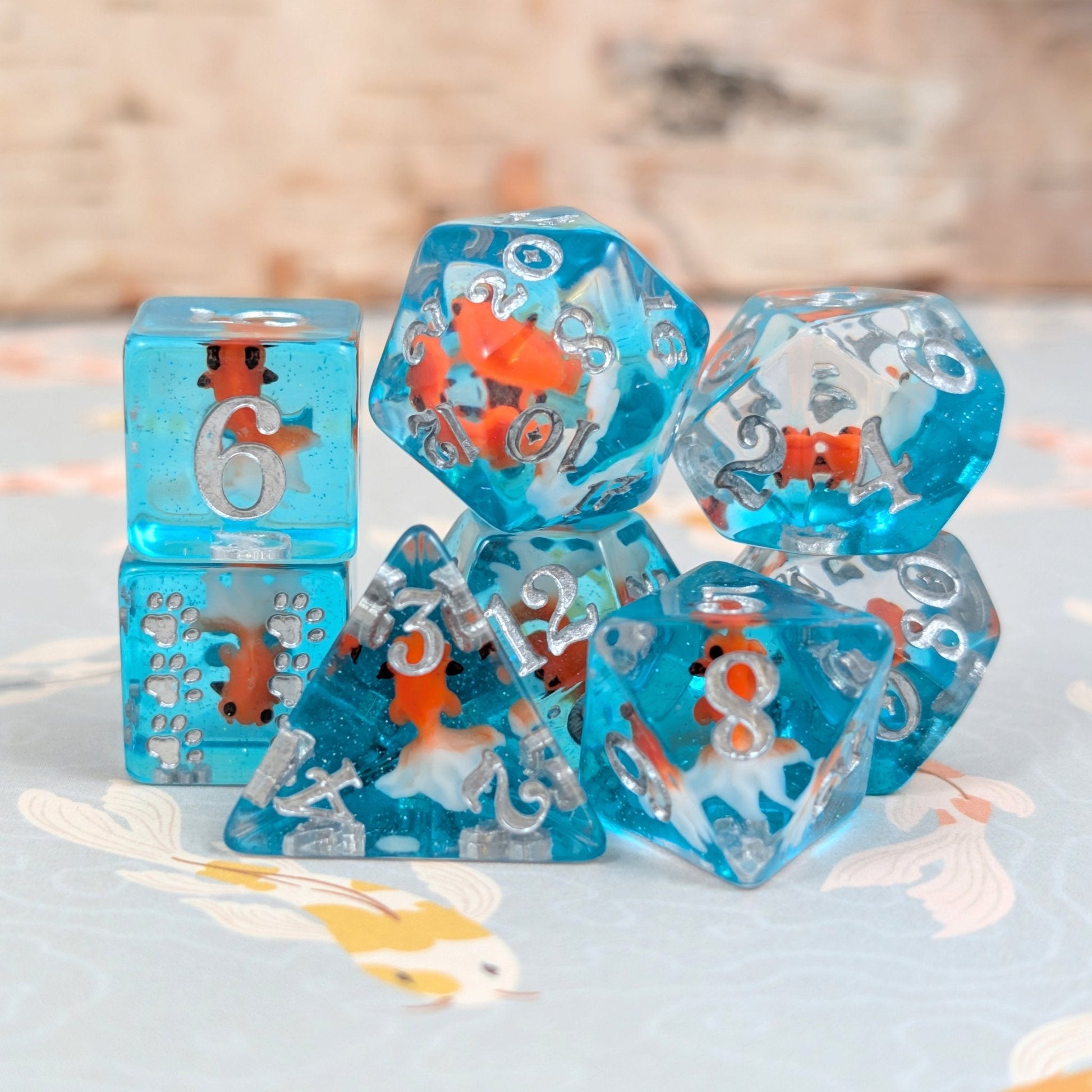 Goldfish Resin Dice Set – 8pc Animal Dice with Paw D6 - Fennek and Finch
