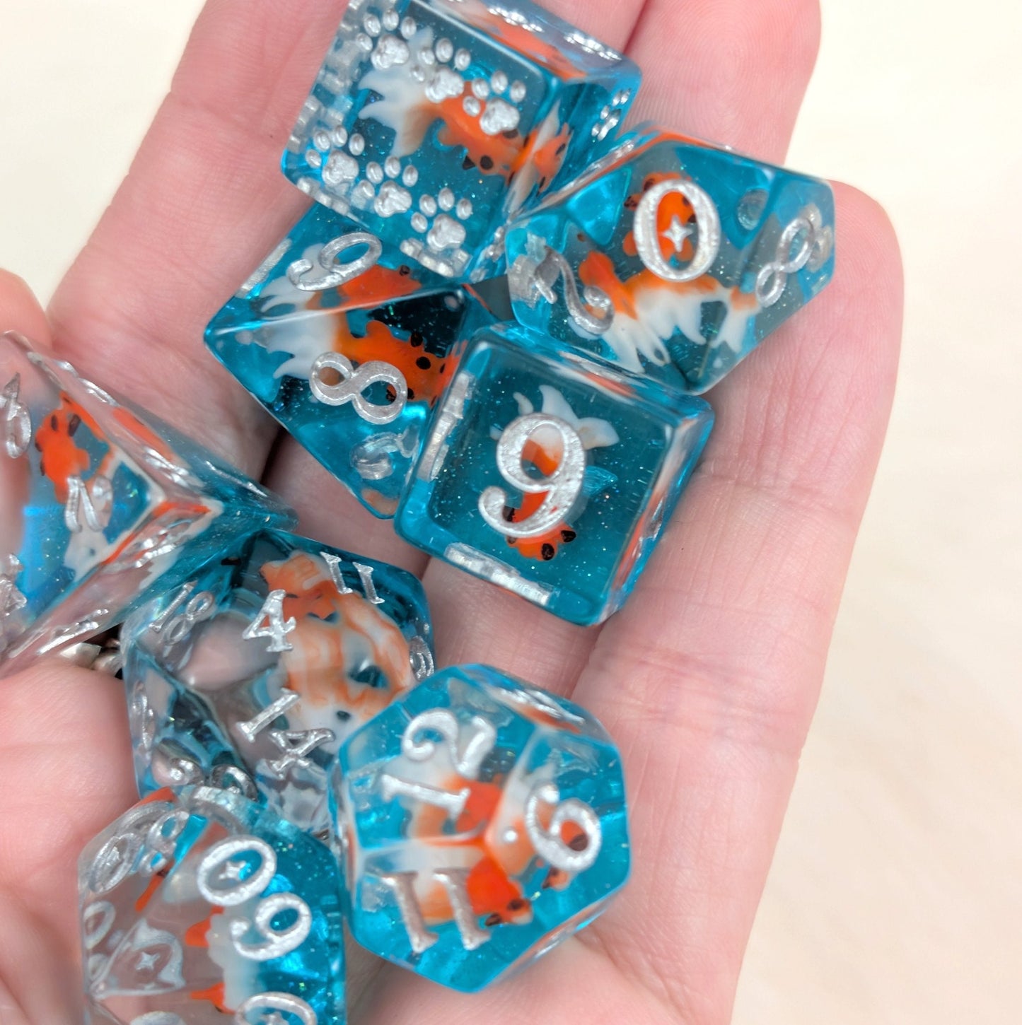 Goldfish Resin Dice Set – 8pc Animal Dice with Paw D6 - Fennek and Finch