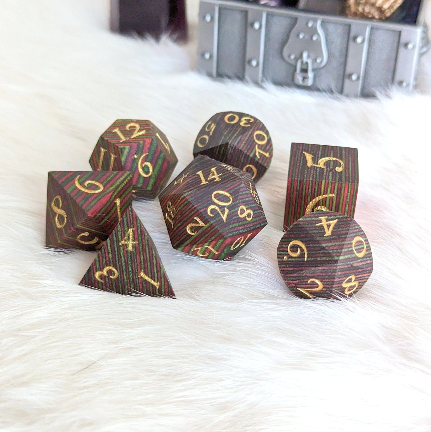 Green and Red Stripe Wood Dice Set – 7 - Piece Layered Wooden DnD Dice | Fennek & Finch - Fennek and Finch